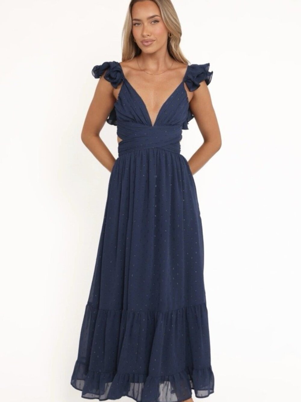Petal + Pup Navy Glitter Ruffle Maxi Dress Deep V Lace Up Back Gala Sz L - Picture 12 of 12